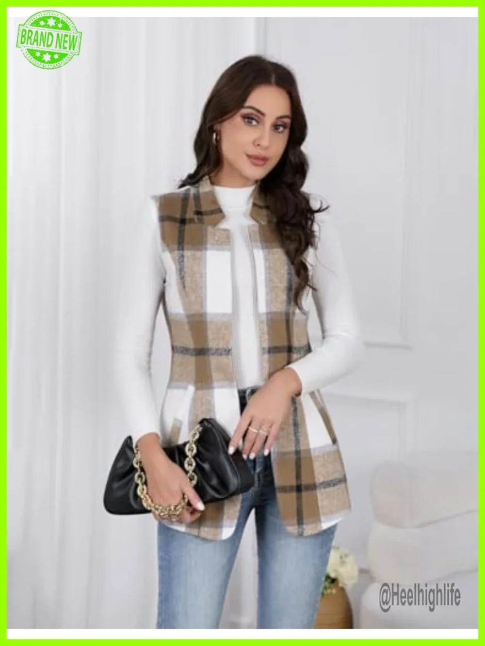 Wool Plaid Sleeveless Blazer Vest Open Front Cardigan